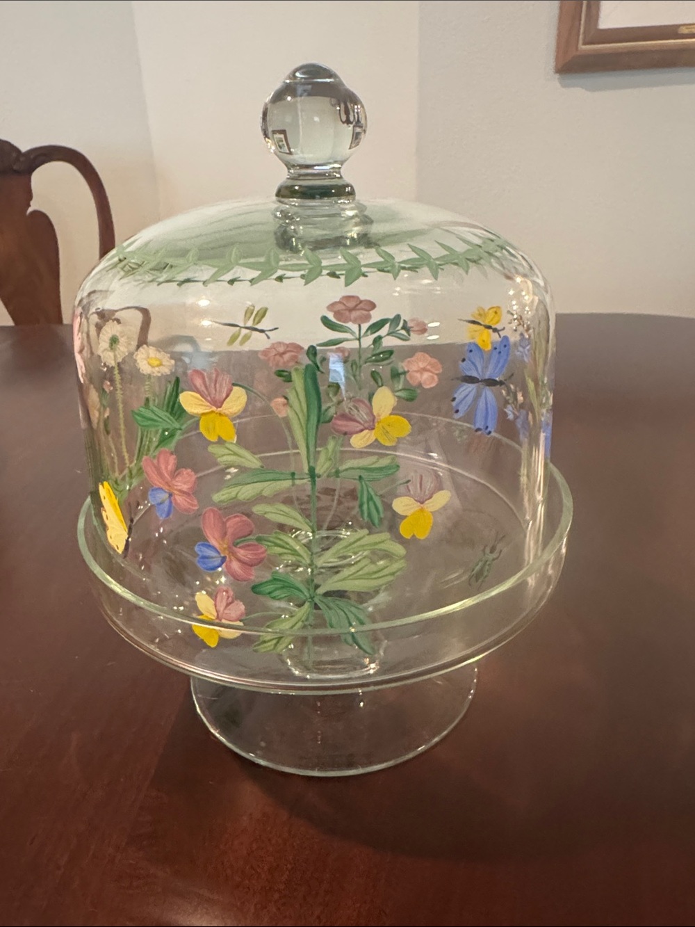 Hand-Painted Glass Cake Stand with Dome - Floral Violets & Butterflies